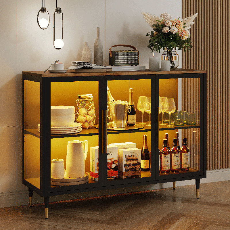 Sideboard Buffet Cabinet With Glass Door, Adjustable Shelves, RGB Light, Black