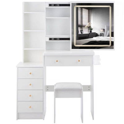 37" Middle Size Left Bedside Cabinet Vanity Table + Cushioned Stool Dresser Set, 2 AC+2 USB Socket, Hair Dryer Stand, Large Touch Control LED Sliding Mirror, 3-Color Switch, EPA, GCC, UL Certificate