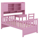 Multifunctional Wood Platform Bed With Bookshelf At The Head Of The Bed, Built-In Desk And Matching Chair