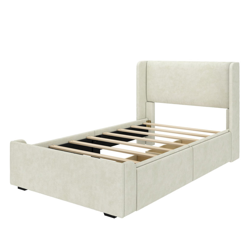 Solid Wood Upholstered Bed with Rectangular Headboard with 2 Drawer Side Storage, Twin, Cream