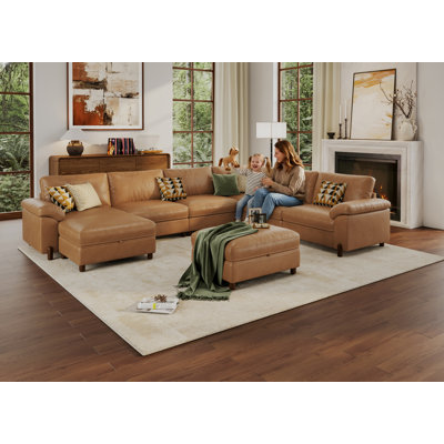 V-Shaped 8 Seat Sectional Sofa For Living Room, Oversized Modular Couch With Washable Movable Covers, Scratch-Resistant Faux Leather In Brown