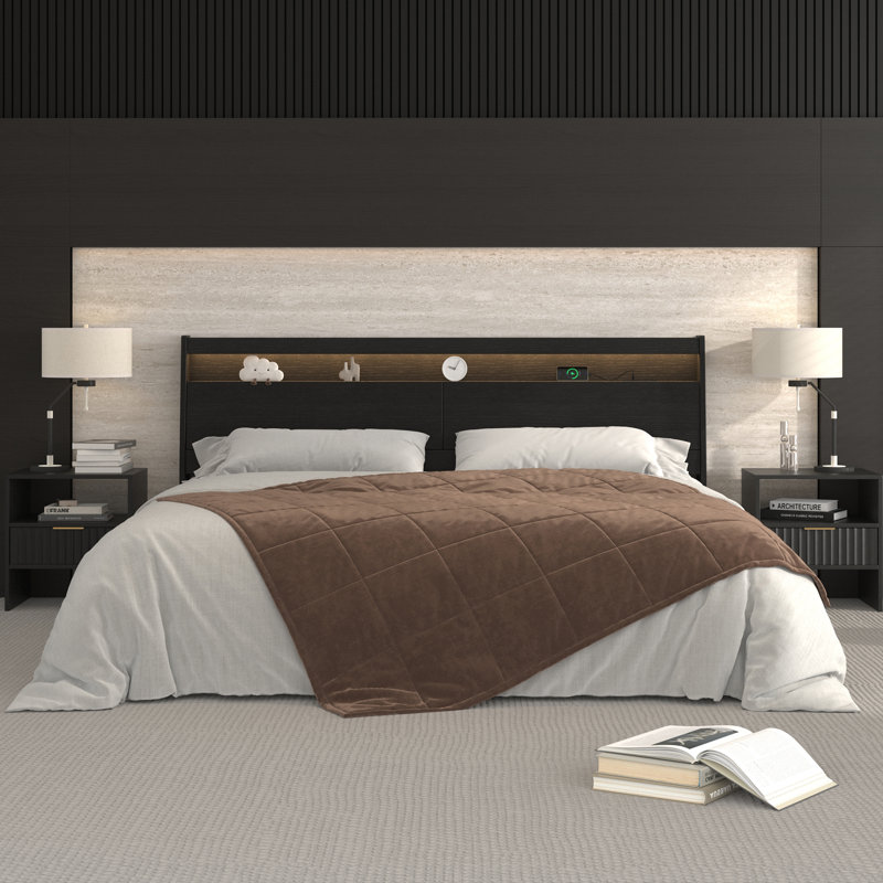 KING Size Black Headboard Only with Storage, LED Light, Storage Shelves, Power Outlets, USB Ports & Skirting Slot, Black
