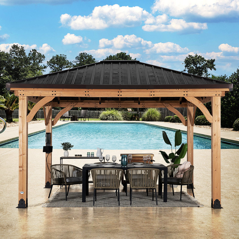 Backyard Discovery Barrington 14' x 12' Cedar Wood Outdoor Patio Gazebo with Hardtop Galvanized Steel Hip Roof and PowerPort
