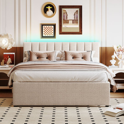 Teddy Fleece Queen Size Upholstered Platform Bed With Twin XL Trundle, Beige