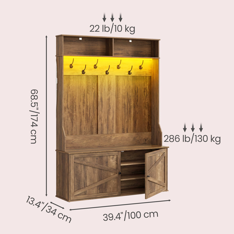 Arbre d'entrée 5-en-1 avec banc et rangement pour chaussures, lumière DEL, Brun
