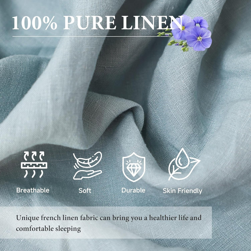 Drap français en lin, literie 100% lin naturel avec pierre délavée, King Flat Sheet, Bleu cendré de base