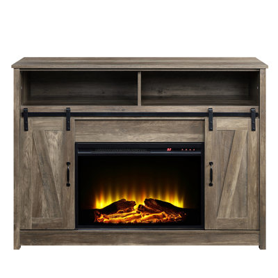 Meuble télé rustique à finition chêne rustique avec porte de grange coulissante, 2 rangements de porte, compartiments ouverts, kd, épaisseur de plateau de 15 mm, panneau de particules, métal, papier de placage, 4777, chauffage de 400 pieds carrés,