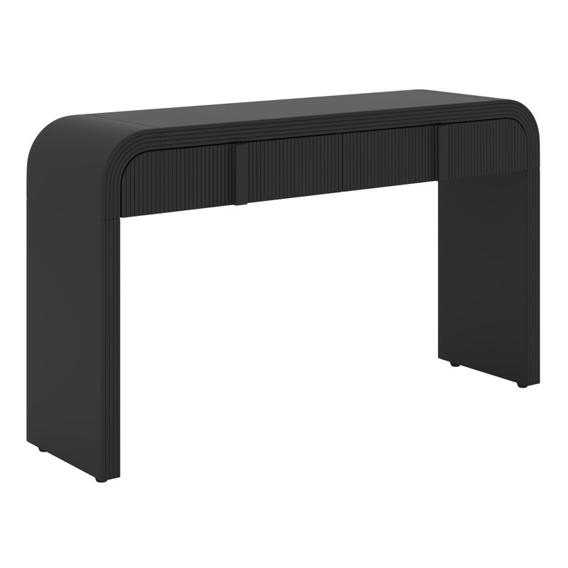 Console unique à silhouette arrondie et surface lisse avec 2 tiroirs, console incurvée, table d'entrée cannelée, Noir