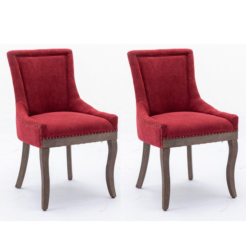 A&a furniture ultra side dining chairs | set of 2 | thickened fabric, solid wood legs | bronze nailhead, Red, Brown