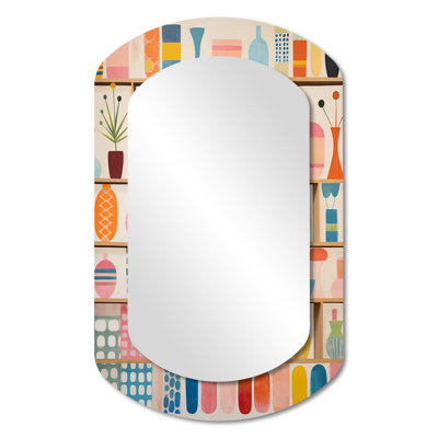 Pink Mid Century Playful Patterns IV - Midcentury Modern Cylinder Decorative Wall Mirror, Pink Asymmetrical Large Mirror, Printed Metal Art