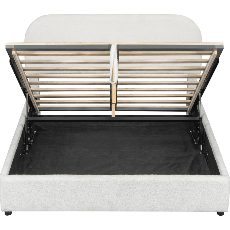 Grand lit plateforme en molleton avec rangement hydraulique - Rangement blanc, revêtu de tissu d'ameublement doux, Grand lit