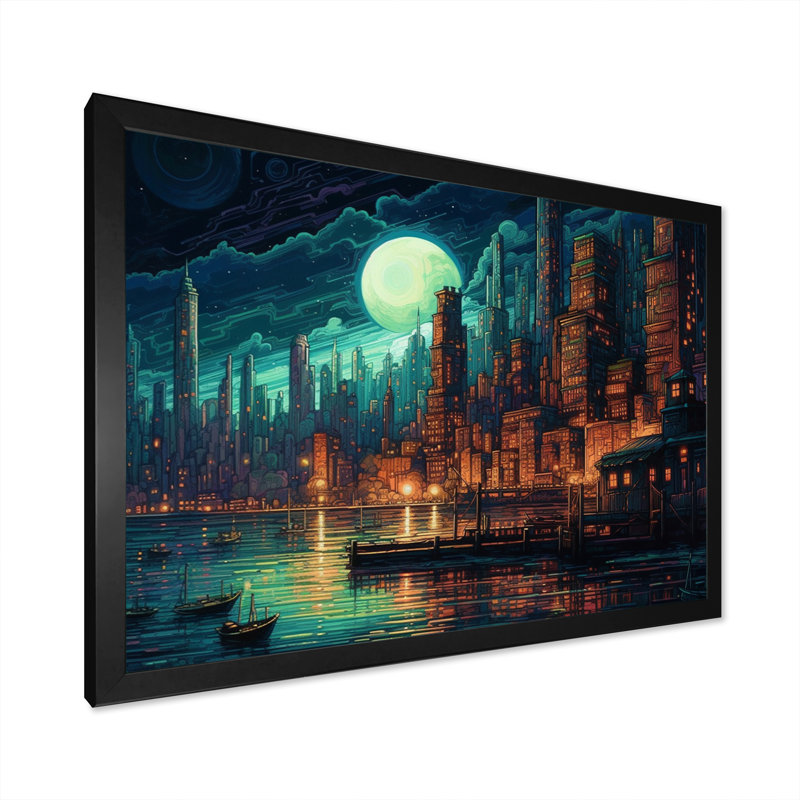 «Green and Orange Metropolis Deco I», reproduction d'art sur toile, Cadre photo noir, H 30 po x l 40 po x P 1,5 po
