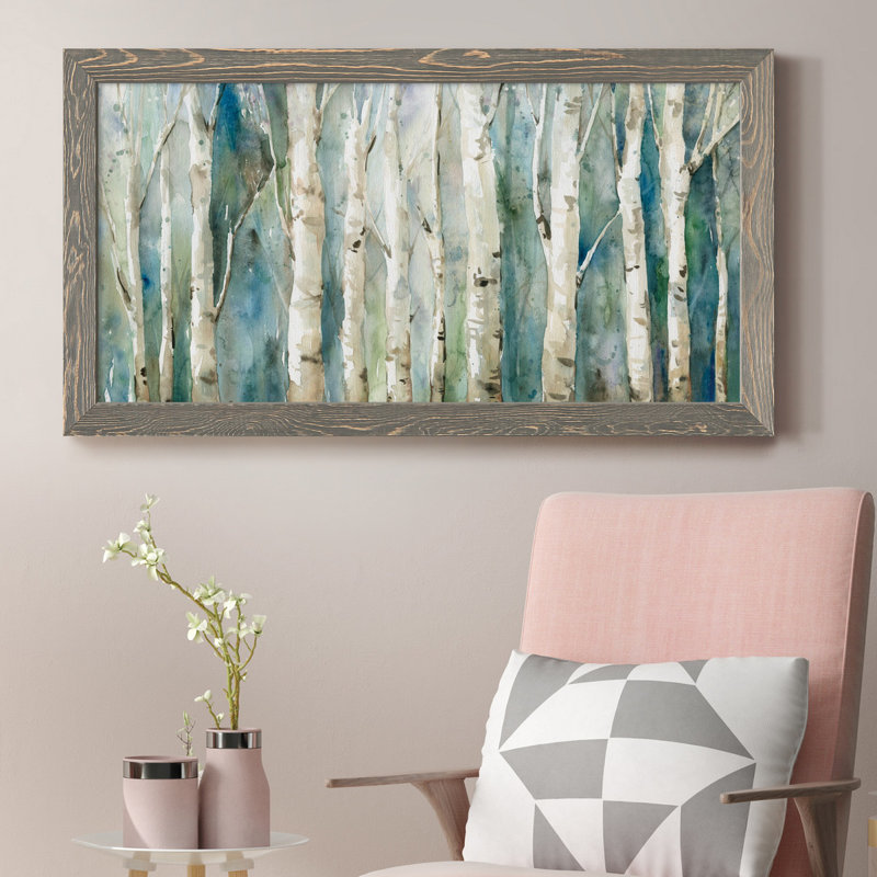 " Birch River Walk " Painting Print, Gray Framed