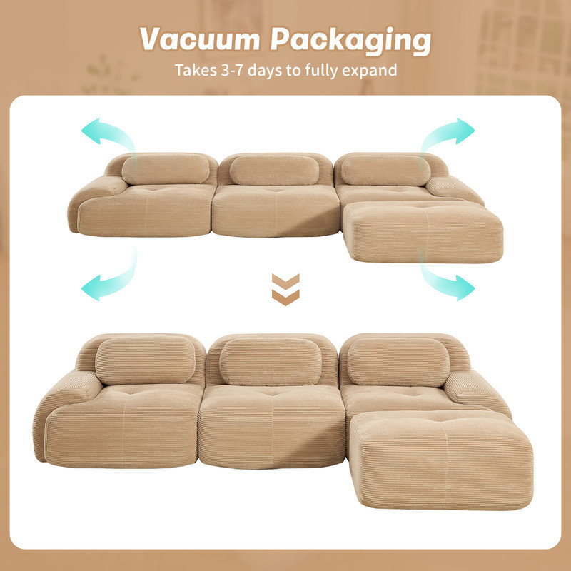Modular Boneless L-Shaped Sectional Cloud Couch With Ottoman, Plush Corduroy, No Assembly Required, Big Comfy Couches Set With Fluffy Memory Foam