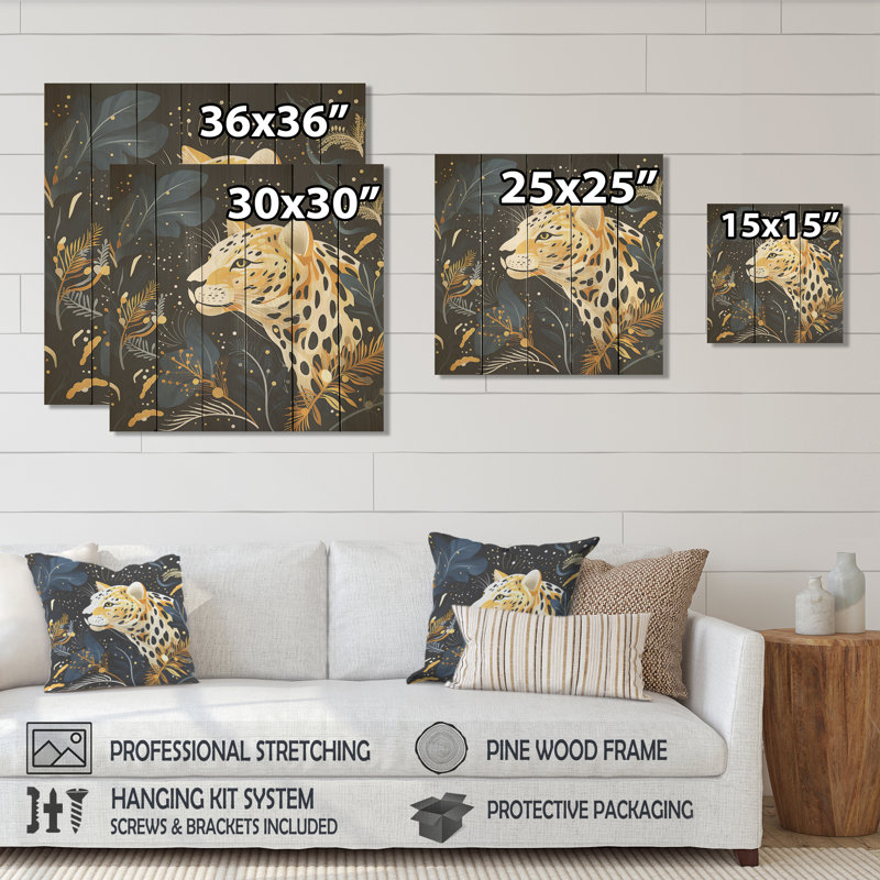Collage de léopard jaune et bleu I - léopard / guépard sur bois, H 15 po x l 15 po