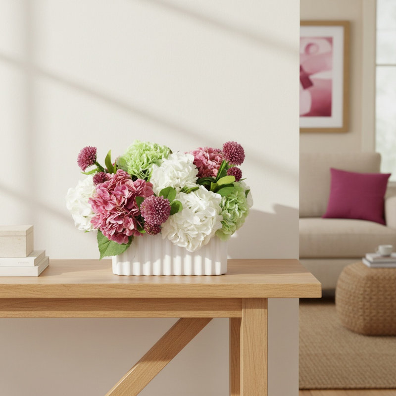 Hydrangea and Dahlia Arrangement in Ceramic Vase