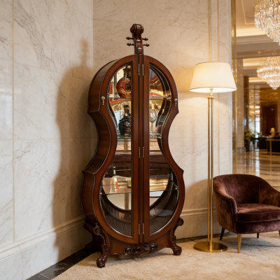 31.69" Vintage Cello-shaped Oak Solid Wood Wine Cabinet, Double Glass Door Sideboard, Wall-mounted Luxury Display Cabinet for Living Room