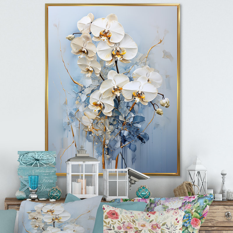 Orchidées beiges et dorées simplicité V, H 32 po x l 24 po x P 1 po, Cadre flottant doré