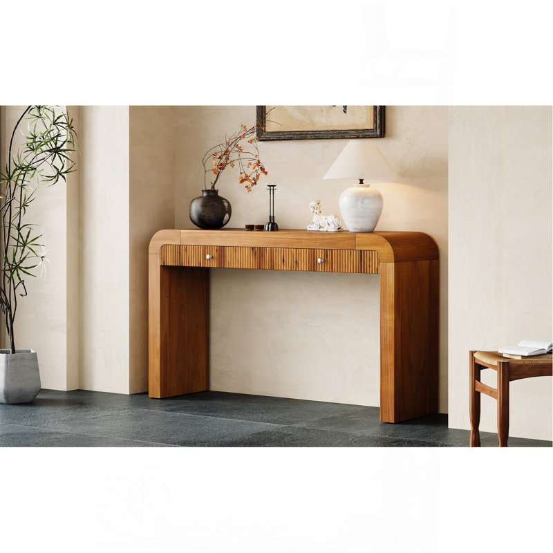 Console rustique avec façade de tiroir cannelée, table d'entrée avec coins courbés et pieds épais, table de canapé robuste pour le couloir et le salon (brun)