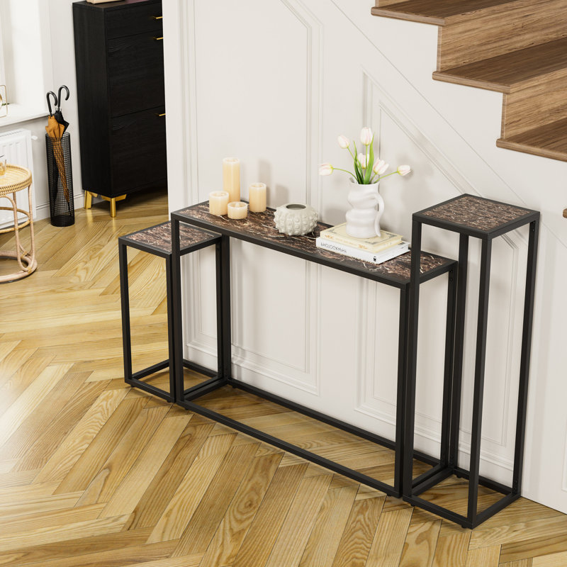 Table étroite à haut rebord enveloppé pour l'entrée, le salon, avec un aspect de marbre rétro, peu encombrant, construction stable, multi, pieds réglables, table d'entrée facile à assembler, couloir, balcon, etc.
