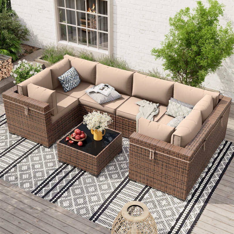 Ensemble de conversation modulaire en rotin 7 pièces avec coussins Mecayla, Beige