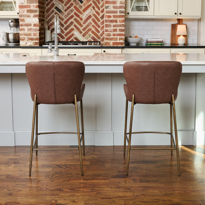 Maven Lane Naomi Stool Vegan Leather, Cocoa Brown Seat/Antiqued Brass Frame, Counter Stool (26.77" Seat Height)