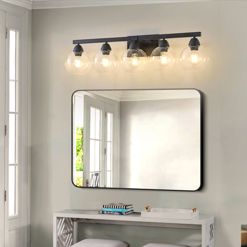 Luminaires de salle de bain 5 lumières, luminaire de salle de bain noir avec abat-jour en verre soufflé à la main de qualité supérieure, transparent et résistant aux chocs, lampe murale pour miroir, salon, cuisine