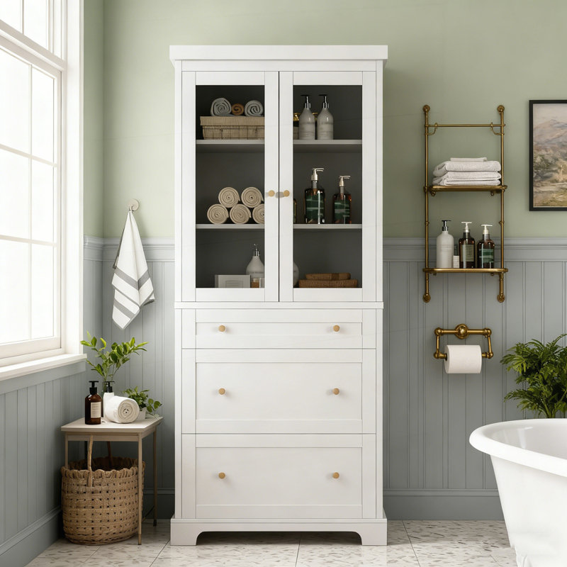Armoire de salle de bain haute autoportante moderne avec rangement élégant avec 2 tablettes réglables, 3 tiroirs et portes en verre à fermeture en douceur