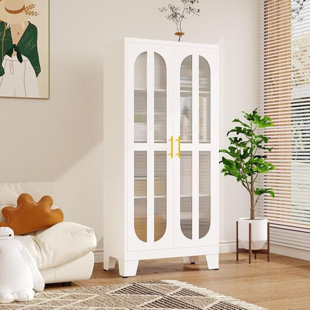 61.02" Metal Display Storage Cabinet,Tall Kitchen Pantry Cabinets with Acrylic Glass Doors and Adjustable Shelves,Freestanding Storage Cupboard for Kitchen, Living Room
