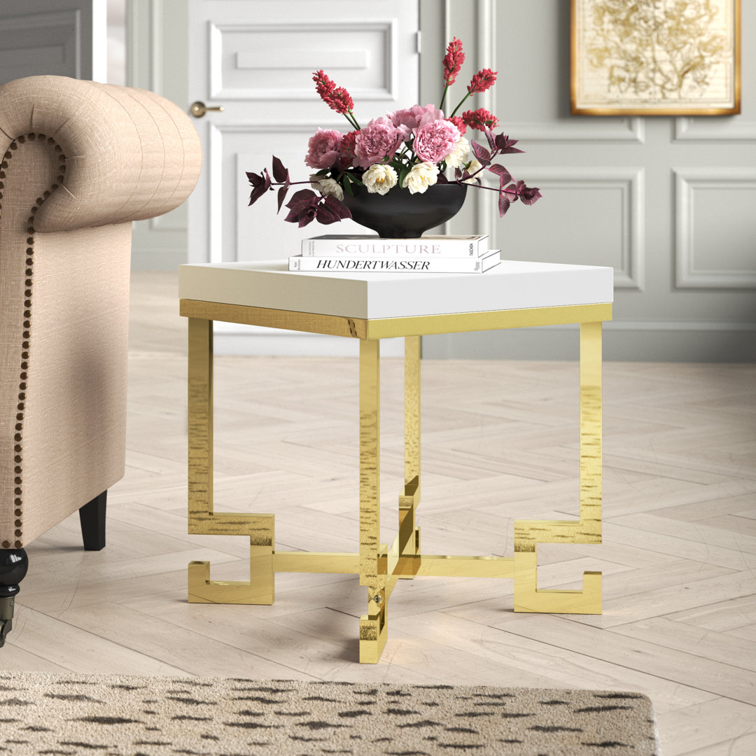 Pangea Home Sophia Modern Side/End Table – White High Gloss End Table with Gold Steel Geometric Base, Contemporary Accent Table for Living Room or Bedroom Willa Arlo™ Interiors
