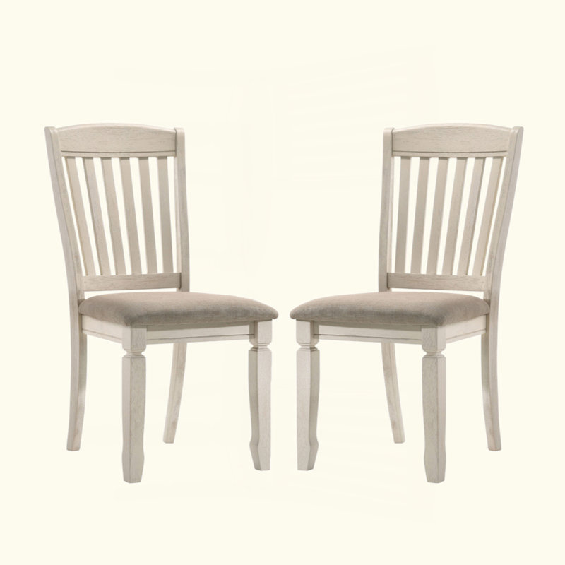 Set Of 2 Dining Chairs With Slat Back, Tan Fabric And Cream Finish