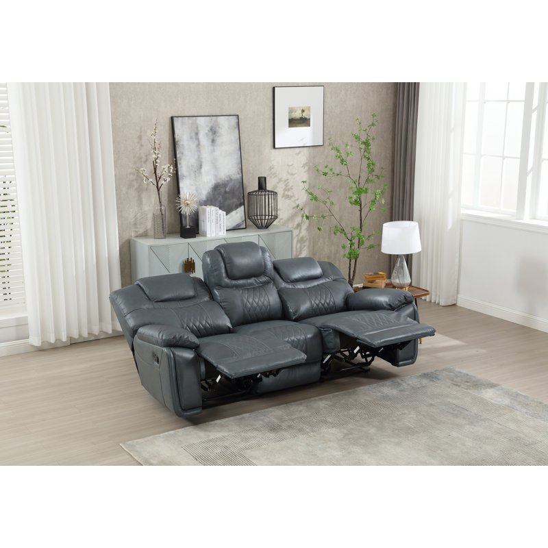 Jepum 86.6" Top-Grain Genuine Leather Manual Reclining Sofa, 3-Seater Spacious Recliner Couch, Cobalt