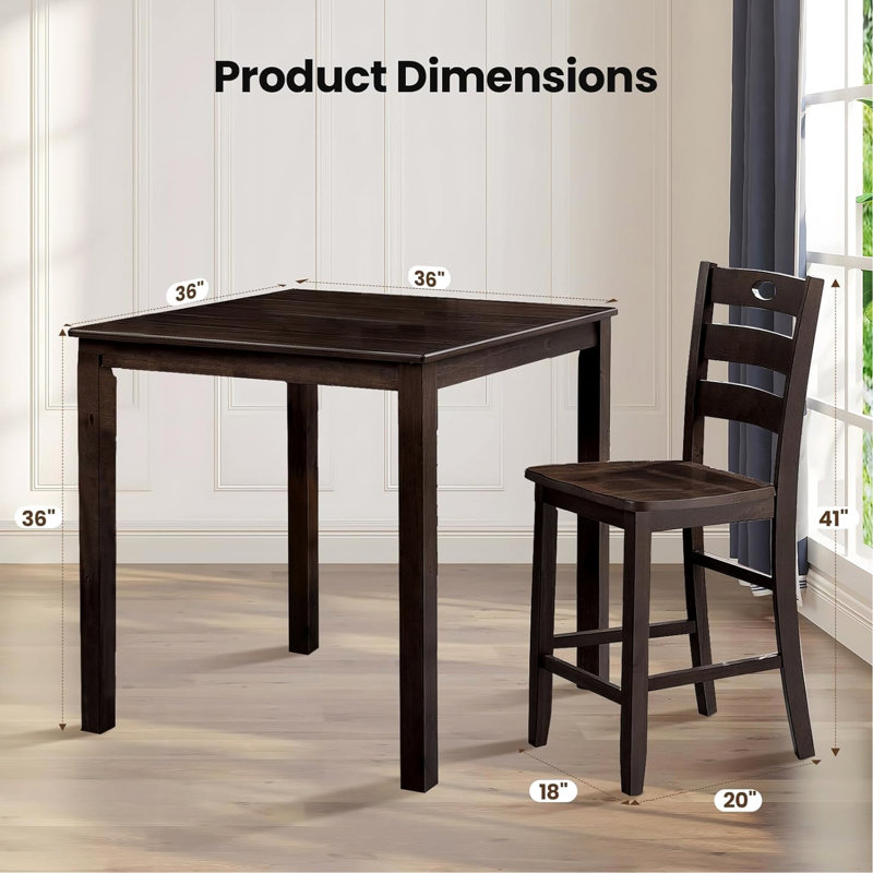 Table de comptoir de salle à manger carrée 5 pièces et 4 chaises à dossier à lattes pour hauteur de pièce 5 pièces