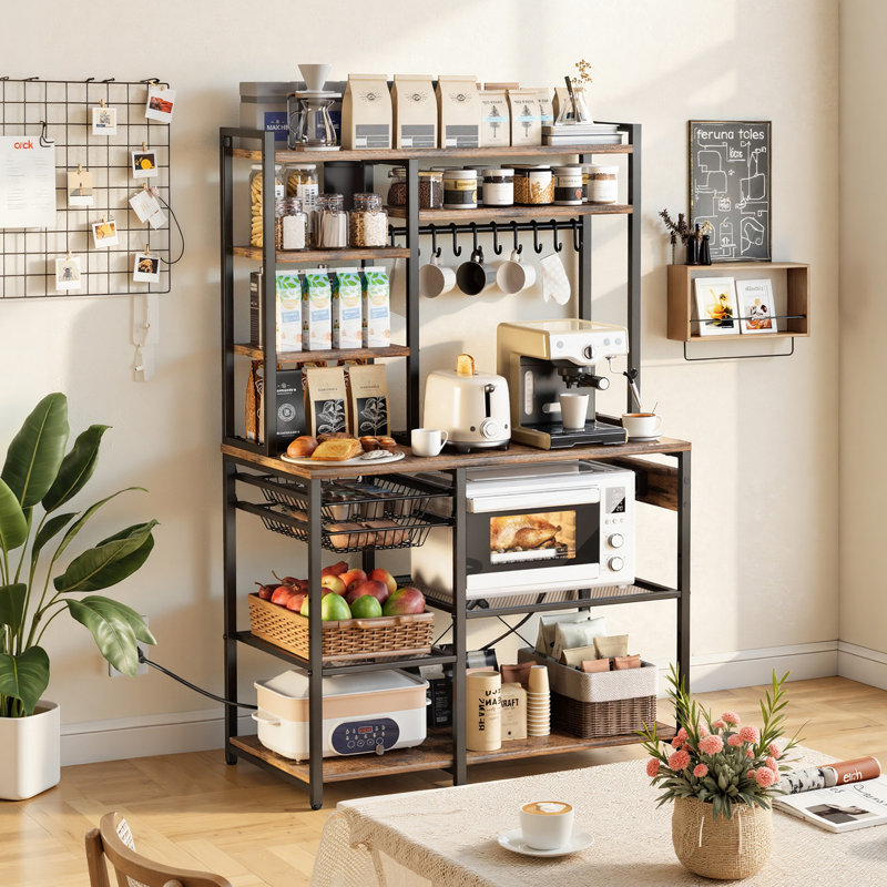 Kitchen Bakers Rack, 5 ft Power Cable Bakers Rack with Power Outlet, Kitchen Stand with X-Shaped Support Bar, 10 S-Shaped Hooks, Coffee Bar Stand for Dishes, Spice Bottles, Built-In Power Strip