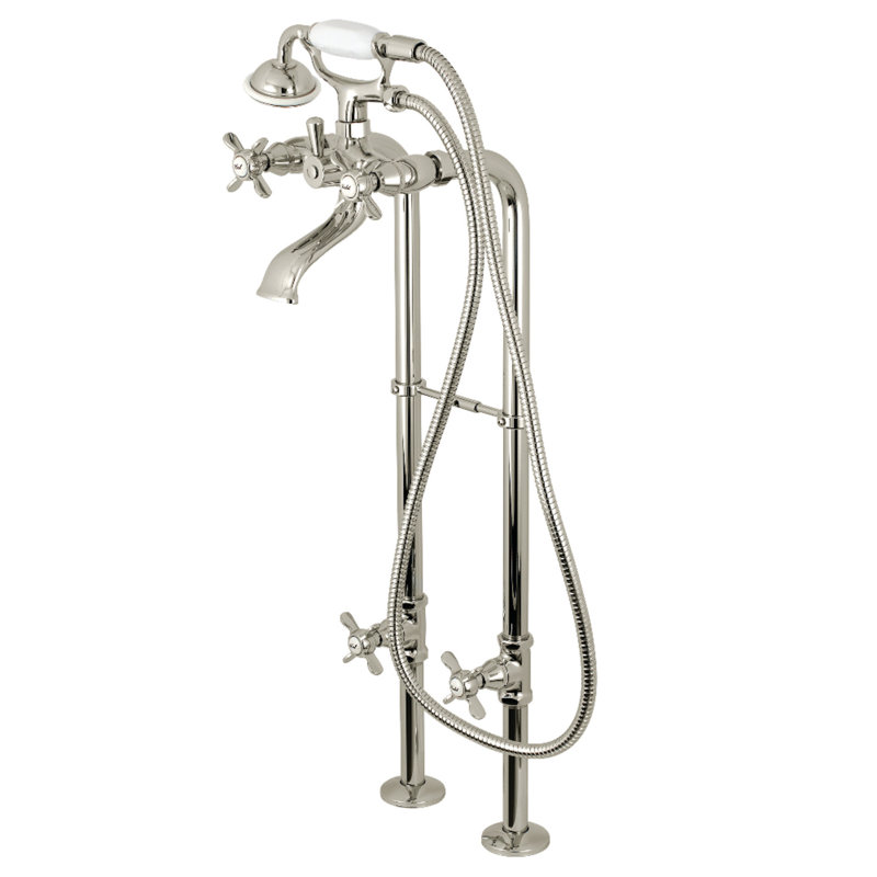 Kingston Brass Kingston Three-Handle 2-Hole Freestanding Tub Faucet with Supply Line and Stop Valve, Polished Nickel