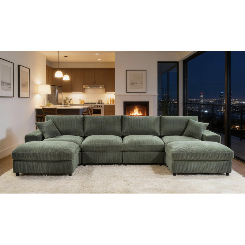 Tondreau Massasoit 134" Wide Reversible Large Sectional with Ottoman, Moss Green