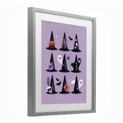 Varied Witch Hats on Purple Framed Print Under Glass, design by Elizabeth Tyndall