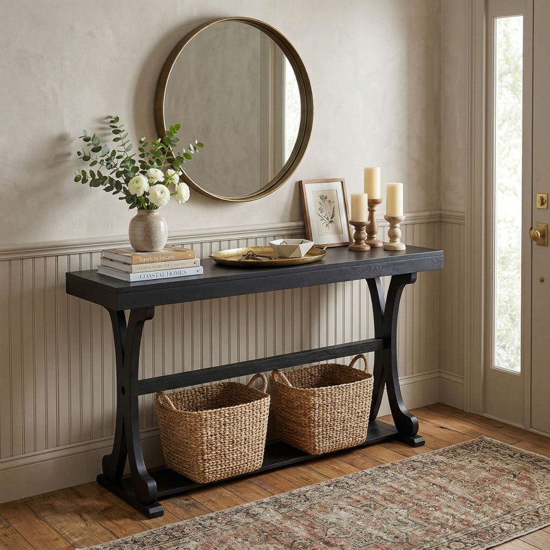 Console rétro étroite de 52 po de long, tablette de rangement ouverte robuste, conception anti-basculement convenant au vestibule et au salon