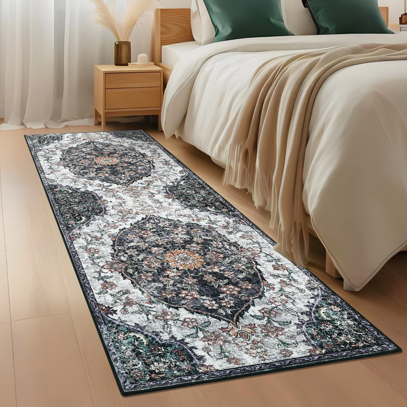 Vintage Machine Washable Bedroom Rug, Non-Slip Non-Shedding Low-Pile Dining Room Rug, Soft Rug for Living Room