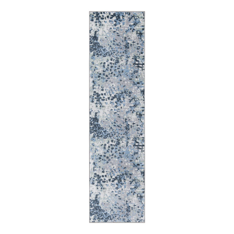 Tapis en polyester tissé à la machine Azion en gris / bleu marine / ivoire, Tapis de couloir 2 pi x 8 pi