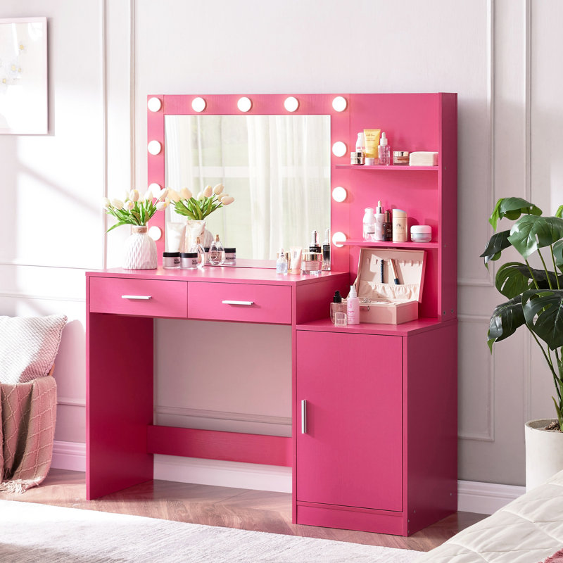 Vanity Desk With Mirror And Lights, 46.4In Dressing Table In Rose Pink, 2 Large Drawers & Vertical Organizer, 3 Level Dresser, Lighting Modes Adjustable Brightness For Bedroom Pink Enchanting