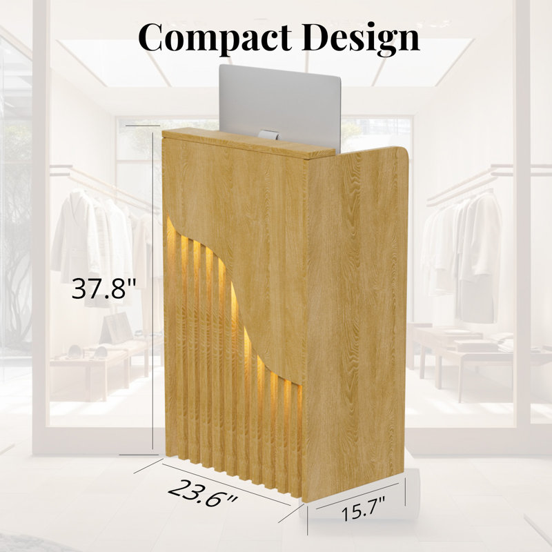 Modern Compact Reception Desk With LED Lighting, 37.8" H x 23.6" W x 15.7" D, Natural