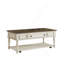 Table basse Farmhouse avec tiroir et roues verrouillables, table de cocktail rectangulaire avec pieds en bois massif, gris et blanc-2038670878
