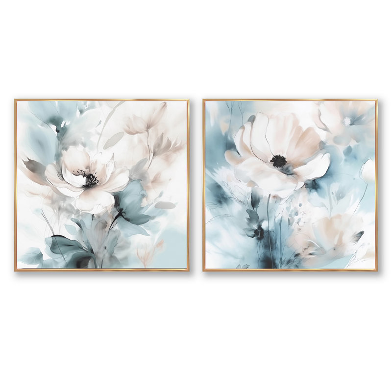 Délicates fleurs grises - ensemble de collage carré floral de 2, Cadre flottant doré, H 36 po x l 73 po
