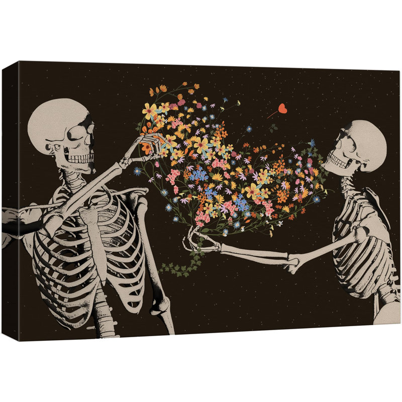 Floral, squelette, crâne, horreur moderne, gothique, maussade, illustrations sombres, œuvre d'art moderne, H 16 po x l 24 po