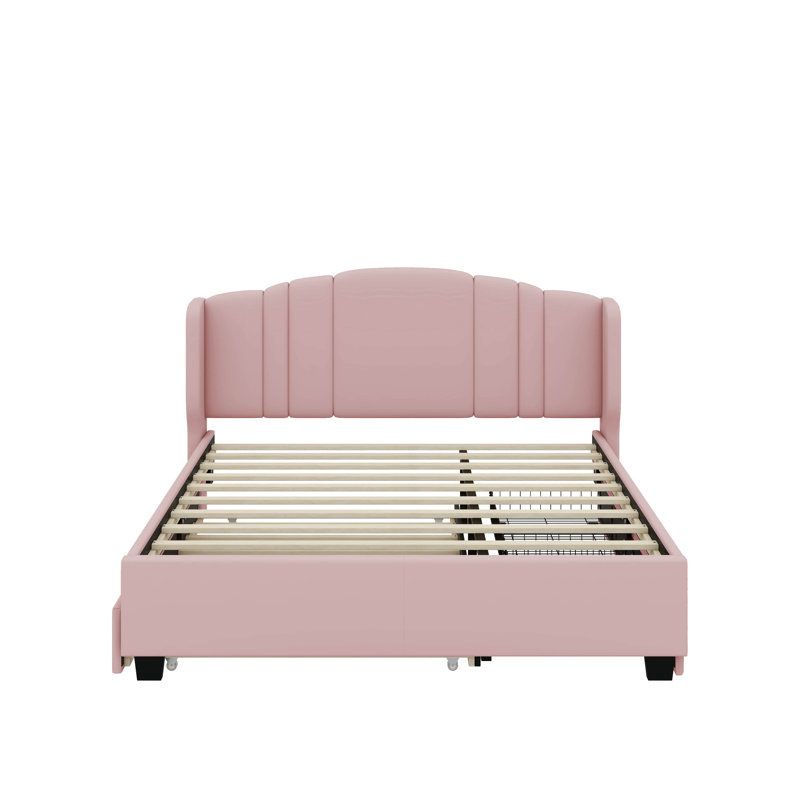 Grand lit plateforme tapissier avec tête de lit à oreilles, lit gigogne et tiroirs, Rose
