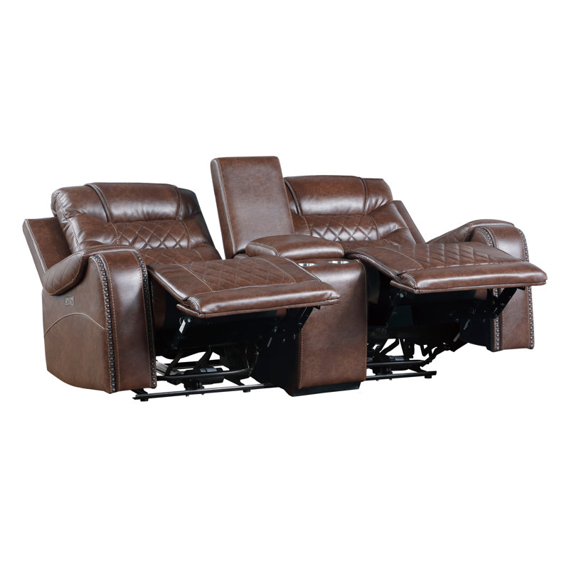 Causeuse inclinable électrique double en similicuir brun avec console centrale et ports USB