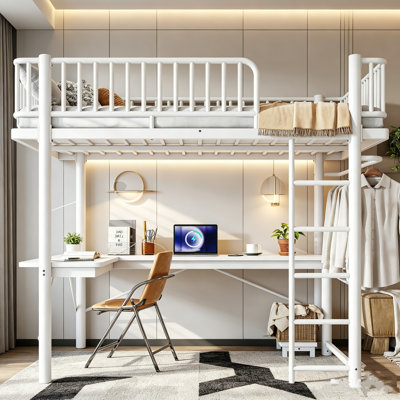 Lit mezzanine en métal, lit mezzanine de jeu avec bureau, lumières DEL et port USB, lit gigogne industriel, cadre de lit mezzanine pour chambre d'adolescent et dortoir, noir et blanc
