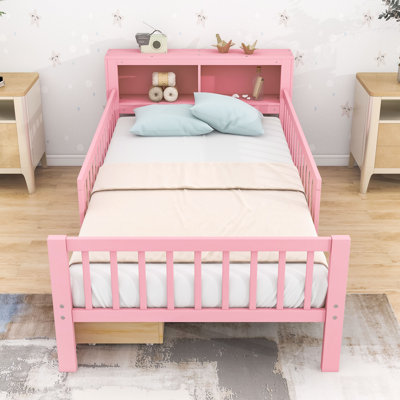 Lit simple en bois avec support de tête de lit et deux tiroirs