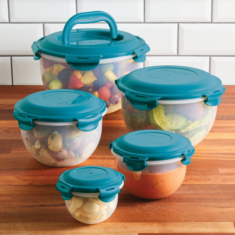 Leak-Proof Nestable Round 5 Container Food Storage Set, Teal/Clear